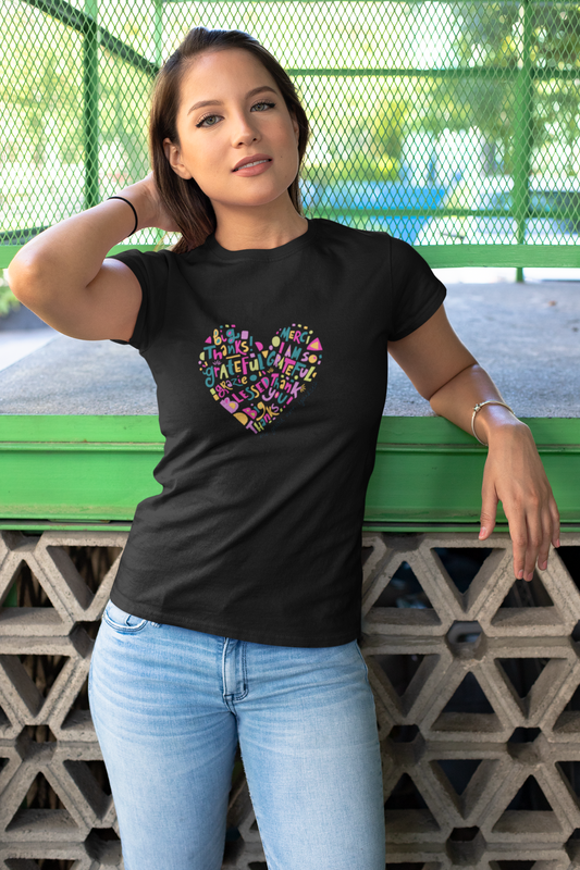 Printed T-Shirt Green and Magenta Colorful  Heart Design With Words